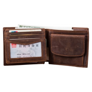 High Quality Vintage Crazy Horse Leather Men's <b>Wallet</b> Full Grain Slim Card <b>Holder</b> with RFID Zipper Short Length - Product Image 6