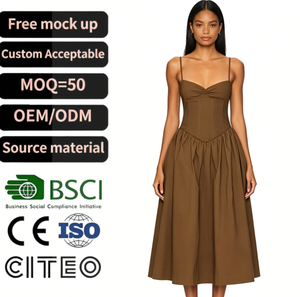Abito Midi da <span class=keywords><strong>Donna</strong></span> Marrone Scuro con Spalline Sottili, Vita Stile Corsetto, Gonna Plissettata, Elegante Abito da Sera, Abbigliamento Estivo per Feste, Stile Vintage - Product Image 1