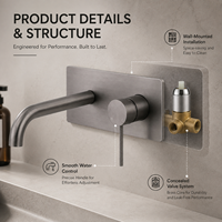 Robinet de salle de bain mural en laiton, monotrou, monocommande, en céramique, design moderne, gris anthracite, pour lavabo, hall, extérieur, salon
