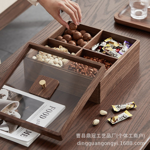 Boîte à bonbons en bois à compartiments divisés, plateau à noix avec couvercle, en noyer noir, boîte de rangement rectangulaire pour la maison et le bureau - Product Image 4