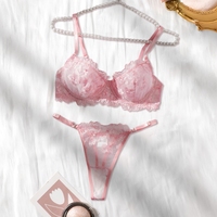 Ensemble de lingerie sexy brodé floral, soutien-gorge 3/4, string, lingerie transparente en maille pour femmes, push-up, bretelles réglables