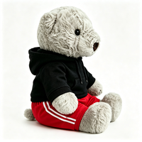 Ours en peluche gris bouclé de haute qualité, à câliner, avec tenue décontractée (hoodie et short), personnalisable avec logo, animal en peluche, poupée en peluche