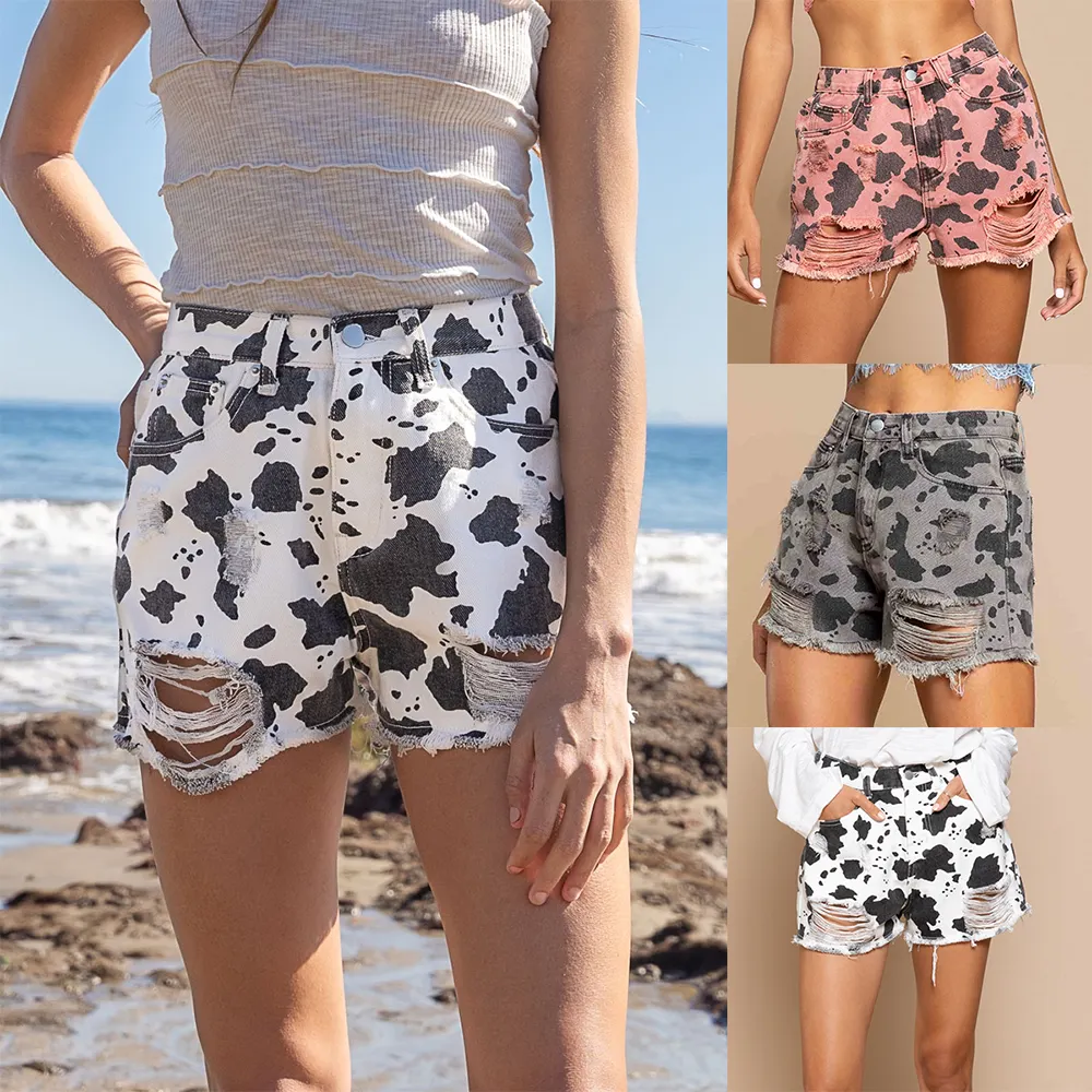 New Summer Cow Print Washed Fashion Jean Shorts Hot Pants Women's Western Denim Shorts