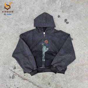เสื้อฮู้ดดี้ผ้าเฟรนช์เทอร์รี่ทรงหนา สไตล์สตรีทแวร์ผู้ชาย ลวดลายกราฟิกแบบวินเทจ ซิปหน้า ล้างสีแบบแอซิดวอช - Product Image 1
