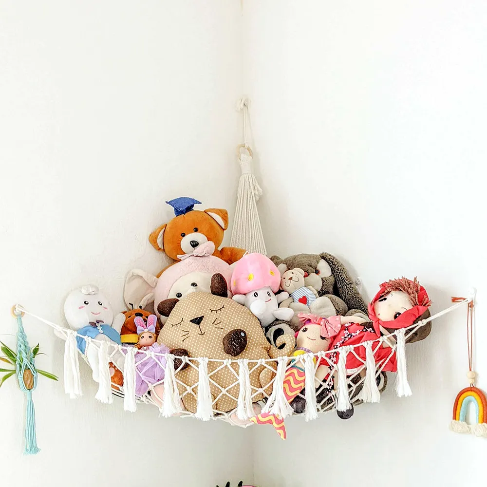 Children's Room Decoration, Plush Toy Storage Bag Wall Mounted Cotton Rope Weaving Mesh Pocket Tapestry