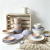 Service de table JOYYE en céramique, élégant et romantique, violet, rose et blanc, avec ustensiles de cuisine