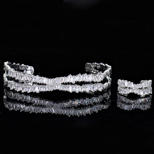 Elegant Rose Gold Plated Cubic Zircon Stone X Shaped Cuff Bangle <strong>and</strong> Ring Fashion <strong>Jewellery</strong> Set for Women Party Wear Accessories - Product Image 3