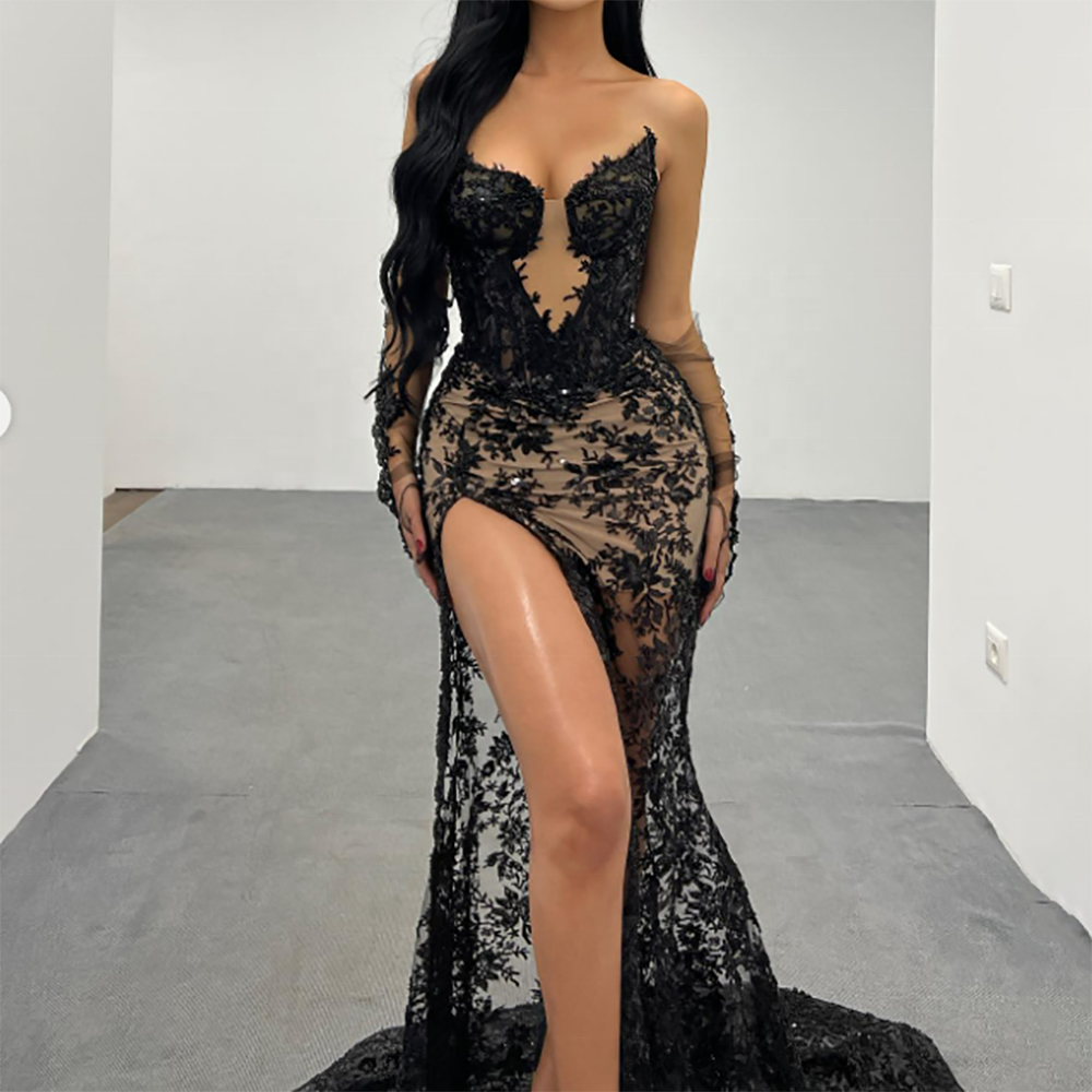 seductive evening dresses black Black Satin Lace Strapless Sexy High Slit Charming Evening Dresses, CP –  clover sew main image 0