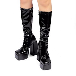 Fashion Square Toe Short Winter <b>Boots</b> Thick Platform High Chunky Heel Women's Knee High <b>Boots</b> Zipper Patent Leather 43 - Product Image 4