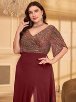 Robe de soirée élégante en mousseline de soie avec patchwork de paillettes, taille plus, noire, couleur unie, col en V, avec fermeture éclair au dos