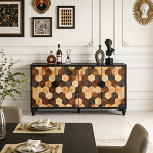 Armoire de rangement style vieilli avec motif nid d'abeille, meuble d'appoint moderne avec portes, buffet - Product Image 2