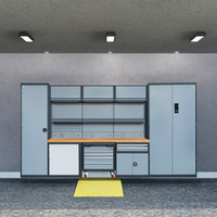 Ensemble d'armoires à outils modulaires en acier robuste, poste de travail avec plateau en bois, panneau perforé, tiroirs et casiers pour garage automobile