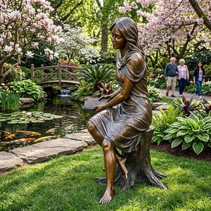 Statue <span class=keywords><strong>de</strong></span> <span class=keywords><strong>dame</strong></span> assise en bronze antique tenant un livre ouvert sur un socle en arbre, statue en bronze - Product Image 5