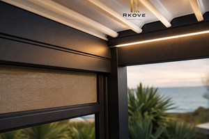 ศาลาอลูมิเนียม RKOVE ขนาด 5x5 เมตร พร้อมม่านพับเก็บได้ ไฟ LED ตกแต่ง ลานบ้านทันสมัย ศาลาพักผ่อนกลางแจ้ง สีดำเคลือบผง - Product Image 4