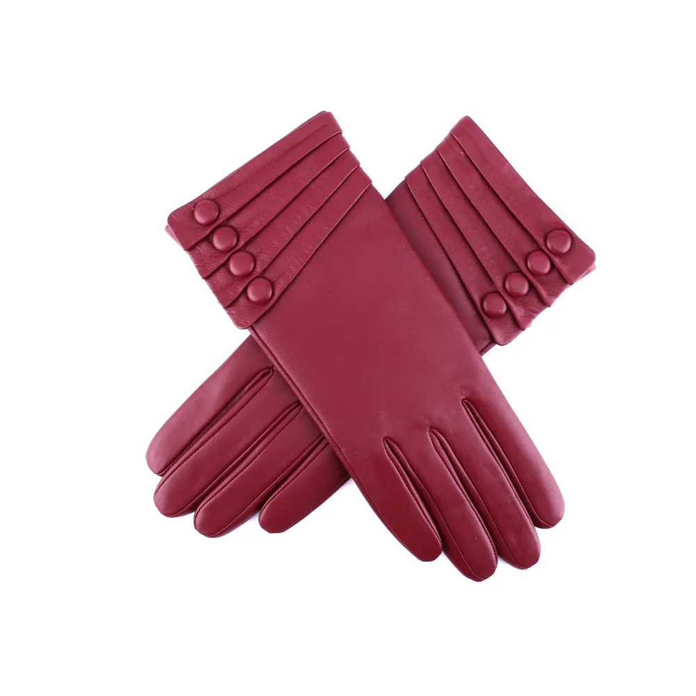Rot warme Futterung Winter Knopf Dekoration Lammleder Nappa Lederhandschuhe für Damen