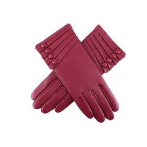 Red Warm Lining Winter Button Decoration Lambskin Nappa Leather Gloves for Women
