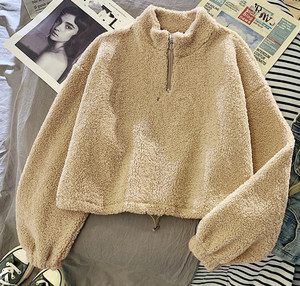 Pull court en maille pour <span class=keywords><strong>femme</strong></span>, style coréen décontracté, en polaire sherpa, avec demi-fermeture éclair et <span class=keywords><strong>capuche</strong></span>, <span class=keywords><strong>chaud</strong></span>, pour l'automne et l'hiver - Product Image 5