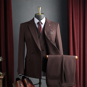 Costume Homme Croisé Rouge Haut de Gamme, Style Affaires Décontracté, Ensemble de Mariage Formel pour Témoin, Coupe Slim, Braguette Zippée, Tissu en Laine Peignée - Product Image 1