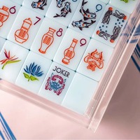 Tuiles de mahjong en acrylique, ensemble de mahjong américain bleu clair glacé, motifs floraux orientaux poisson koi, lotus, pivoine, vase en bambou