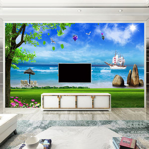 Mural de Hotel Mediterráneo, papel tapiz de cielo azul, nubes blancas y paisaje marino, papel tapiz de árbol de coco, de Hotel Fondo, tela de pared - Product Image 2