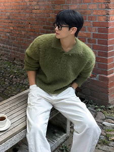 Customized Soft Fluffy Lazy Loose Lapel Pullover Design Men's Casual <strong>Knit</strong> <strong>Sweater</strong> for Street Wear - Product Image 2