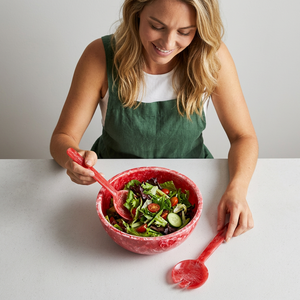 Tazón para Ensalada de Resina Pulida Roja Ecológica con Cucharas para Servir, Diseño Moderno, Apilable, Apto para Lavavajillas, para Uso Doméstico - Product Image 1