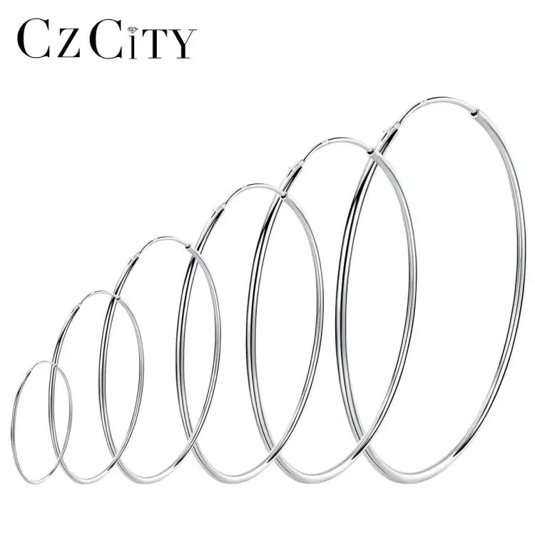 Czcity Grote Cirkel 925 Sterling Oorringen Bulk Custom 2020 Oorbellen Huggie Zilveren Trendy Big Hoop Earring Vrouwen
