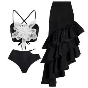 Rétro noir Bikini imprimé mode femmes Bandage une pièce maillot de bain et couvrir avec jupe été plage porter des maillots de bain de luxe