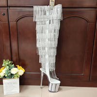 Bottes gothiques sexy neuves de 8 pouces au-dessus du genou, bottes à plateforme à franges tendance, bottes à bout ouvert avec strass, modèles de pole dance, élégantes pour boîte de nuit