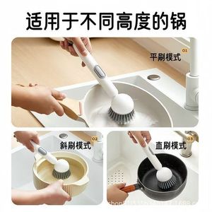 Brosse de nettoyage de cuisine rotative avec long manche pour casseroles et poêles, poils en nylon, design suspendu, vert et gris - Product Image 5