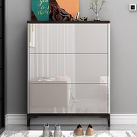 Meuble à chaussures moderne et durable en bois fin laqué brillant, avec rangement ouvert, gain de place, pour entrée, panneau multi-portes, pour hall d'entrée domestique