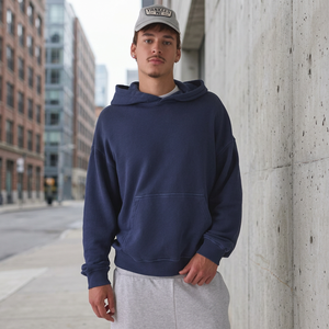 Sudadera con Capucha Extra Grande para Hombre, Color Azul Marino Sólido, Informal, de Algodón y Felpa, Corte Regular, para Otoño - Product Image 3