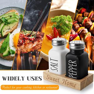 Ensemble de salières et poivrières avec support, salière en <span class=keywords><strong>verre</strong></span> avec support en bois pour comptoir de cuisine ou table - Noir et blanc - Product Image 5