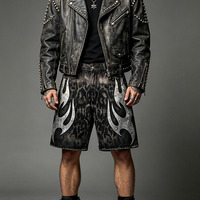 Shorts en jean tissé respirant pour homme, motif léopard flamboyant, style vintage personnalisé, coupe droite, été, faible MOQ, marques OEM
