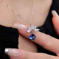 Collier tendance en argent sterling 925 avec cristal autrichien bleu, pendentif lotus en zircon marquise, bijoux pour femmes, cadeau de fête ou de mariage