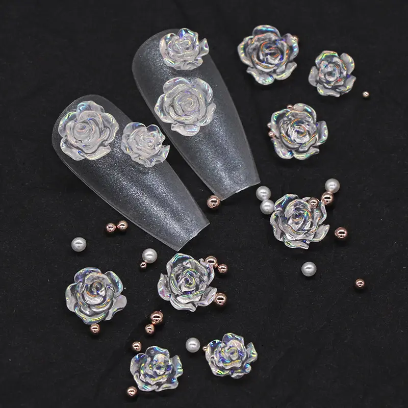 3D Resin White Rose Flower Design Nail Studs Charms Nail Art Rhinestone Strass DIY Acrylic Manicure Tips Decoration