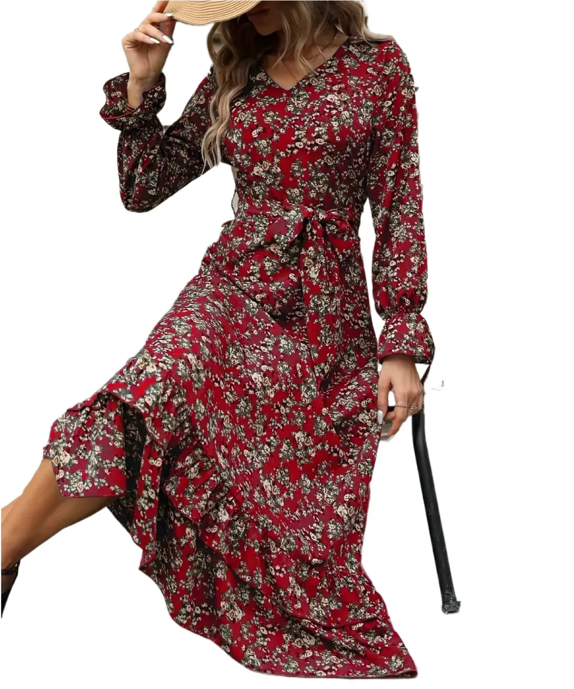 Çiçek baskı V boyun kuşaklı elbise kadınlar için zarif katmanlı fırfır Hem uzun kollu Maxi elbiseler SC014