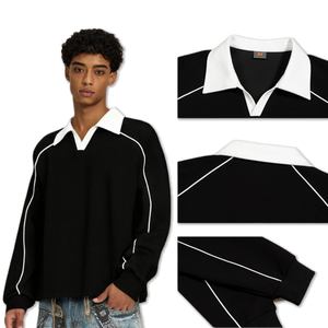 Nuova <span class=keywords><strong>Felpa</strong></span> <span class=keywords><strong>Polo</strong></span> da Uomo Oversize a Maniche Lunghe <span class=keywords><strong>con</strong></span> Collo Alto, Stampa Digitale Nera, Stile Streetwear - Product Image 3