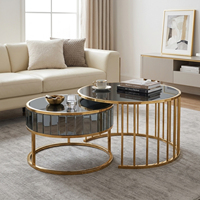 Mesa de Centro de Lujo con Espejo Gris, Diseño Moderno Redondo y Encajable, Marco Dorado, Muebles para Sala de Estar