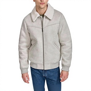 Blouson bomber en daim gris clair pour homme avec doublure en fausse fourrure, col rabattable, fermeture éclair, coupe-vent, manteau décontracté d'hiver - Product Image 1