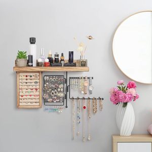 Étagère murale en bois pour organiser les bijoux, avec support pour bagues, boucles d'oreilles et présentoir pour colliers, pour chambre ou dressing. - Product Image 2