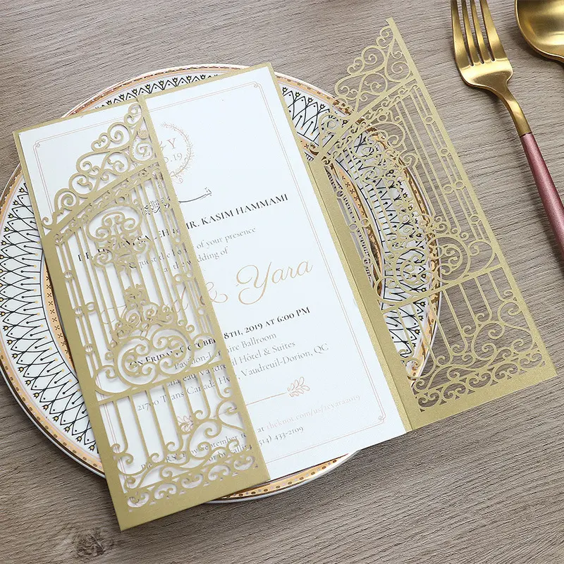 Neue hochwertige 3D-Einladungskarte gefaltete laser geschnittene Hochzeits einladung karten Gold benutzer definierte Hochzeits einladungen