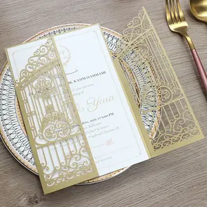 Nueva tarjeta de invitación 3D de alta calidad, tarjetas de invitación de boda cortadas con láser dobladas, invitaciones de boda personalizadas doradas