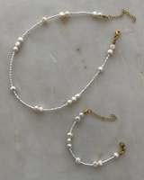 Perles bleues et collier de perles Dainty White Real Pearls Collier Bracelet pour hommes et femmes Everyday Minimalist Pearl Choker Set