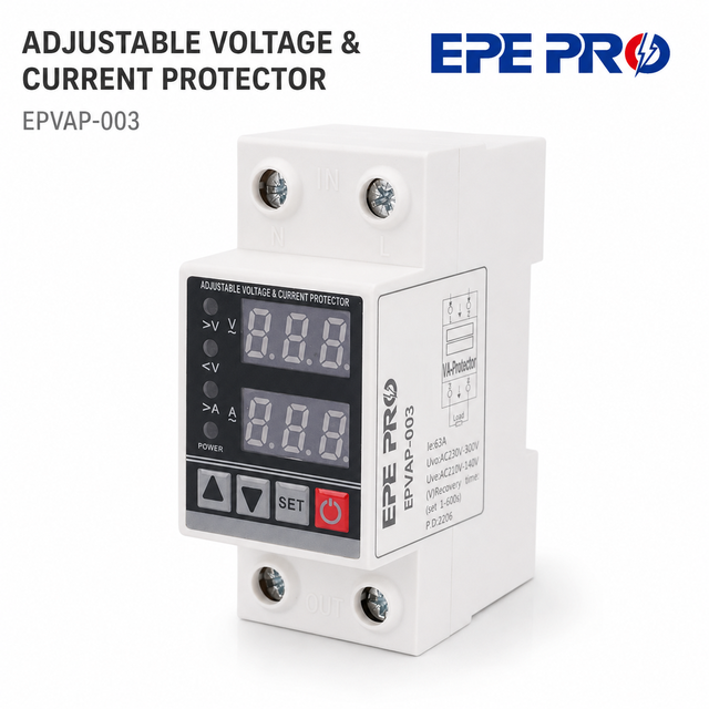 EPEPRO EPVAP-003 63A Adjustable Voltage Current Protector Over Under Voltage Over Current Protection Relay DIN Rail