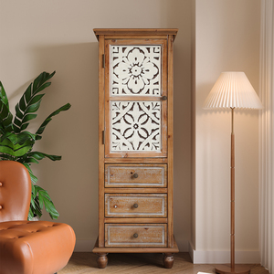 <b>Rustic</b> <b>Wooden</b> Storage Cabinet With Decorative Cutout Door 3 Drawers Tall Narrow Organizer For Living Room Bedroom - Product Image 1