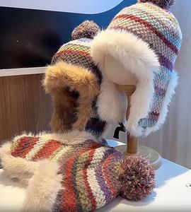Phụ Nữ Fluffy Mờ Mô Hình Sọc Đan Giả Lông Lót Phi Công Mũ Ấm Bảo Vệ Tai Mùa Đông Sang Trọng Fox Lông <span class=keywords><strong>Earflap</strong></span> Trapper <span class=keywords><strong>Hat</strong></span> - Product Image 5