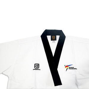 Uniforme Profesional de Taekwondo Poomsae Estilo WTF para <span class=keywords><strong>Mujer</strong></span> con Pantalón Azul Marino, Logo Personalizado y <span class=keywords><strong>Dobok</strong></span> para Competición y Entrenamiento - Product Image 5