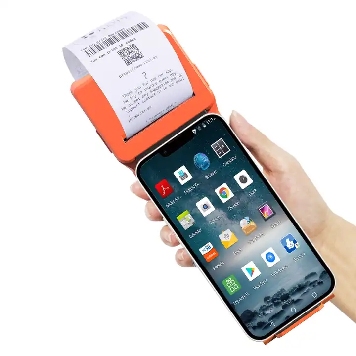 FYJ 58mm POS Impresora térmica de recibos Teléfono inteligente Chip trasero Lector de código de barras BT Handheld POS 2 en 1 Impresora de escáner de código de barras móvil