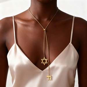Myshape Collier long en acier inoxydable avec pendentif Étoile de David et <span class=keywords><strong>Chai</strong></span> hébreu juif, Hexagramme, Bijoux de judaïsme - Product Image 1